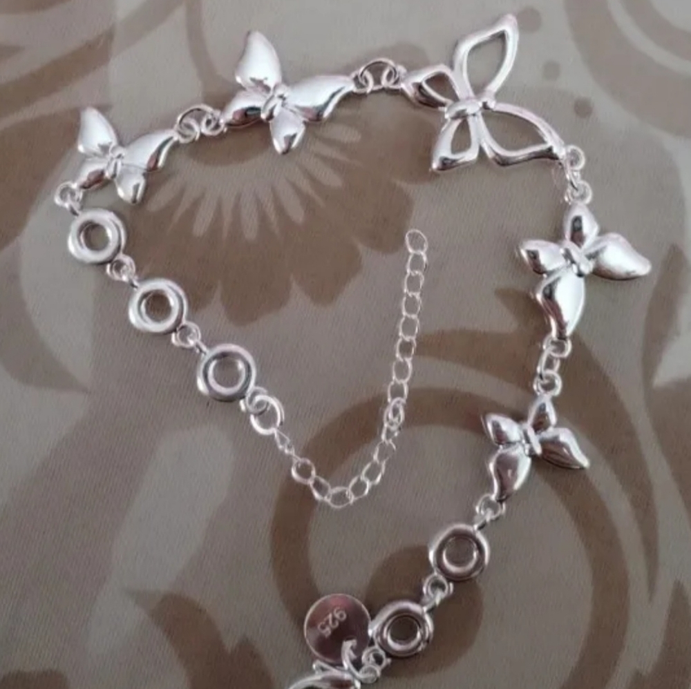 New beautiful 925 stamped silver plated butterfly bracelet 7.8"